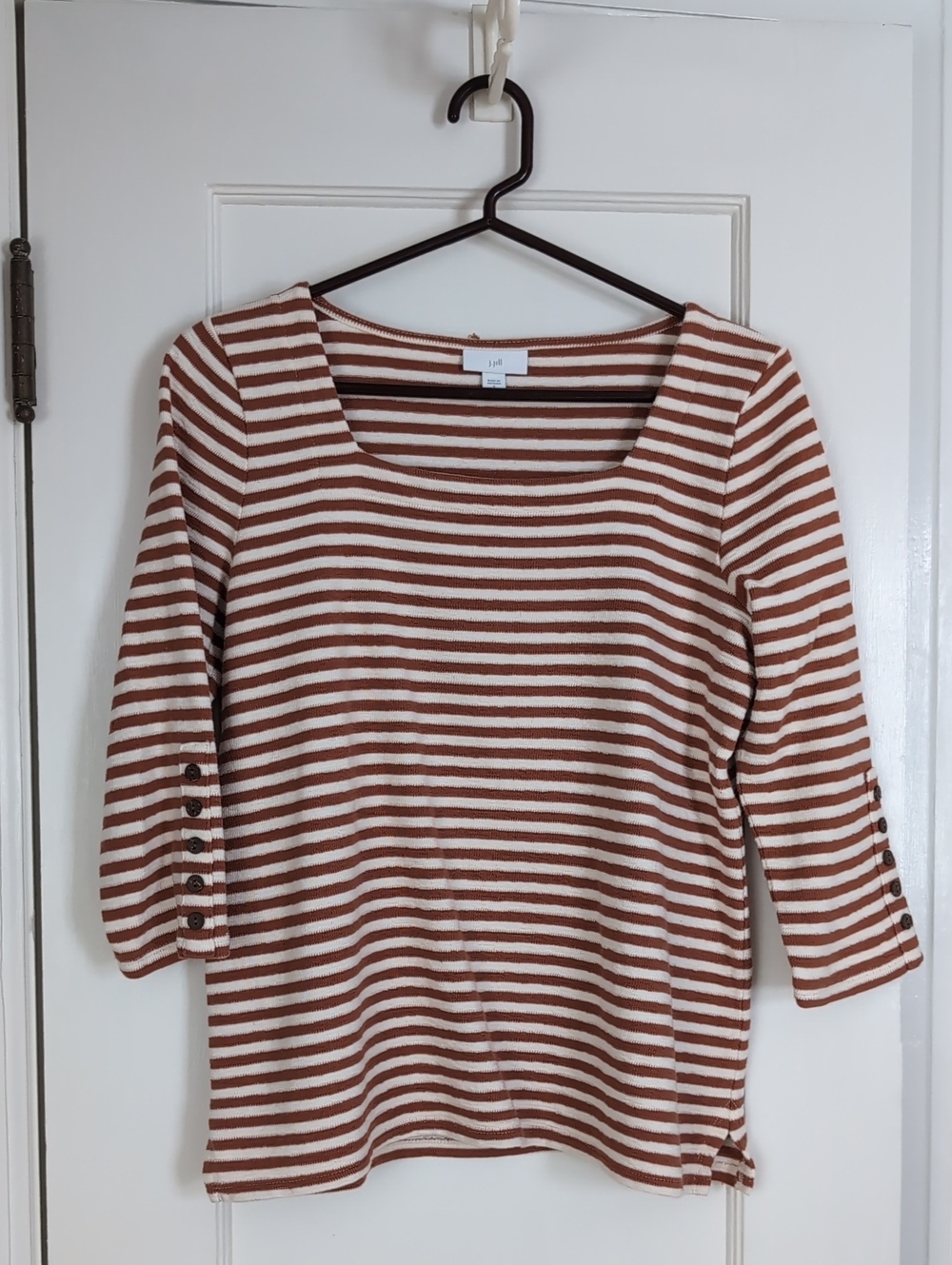 J. Jill tan/white striped square neck 3/4 sleeves shirt. Petite Small.